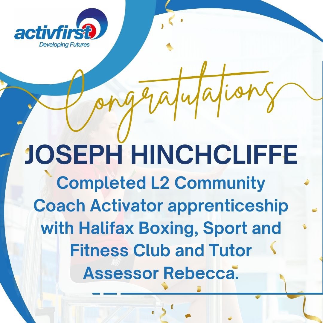 Joseph from Halifax Boxing, Sport &amp; Fitness Club has successfully completed his Level 2 Community Coach Activator Apprenticeship with his Tutor Assessor Rebecca 

Want to find out more about apprenticeships?
Head to our website:
activfirst.co.uk