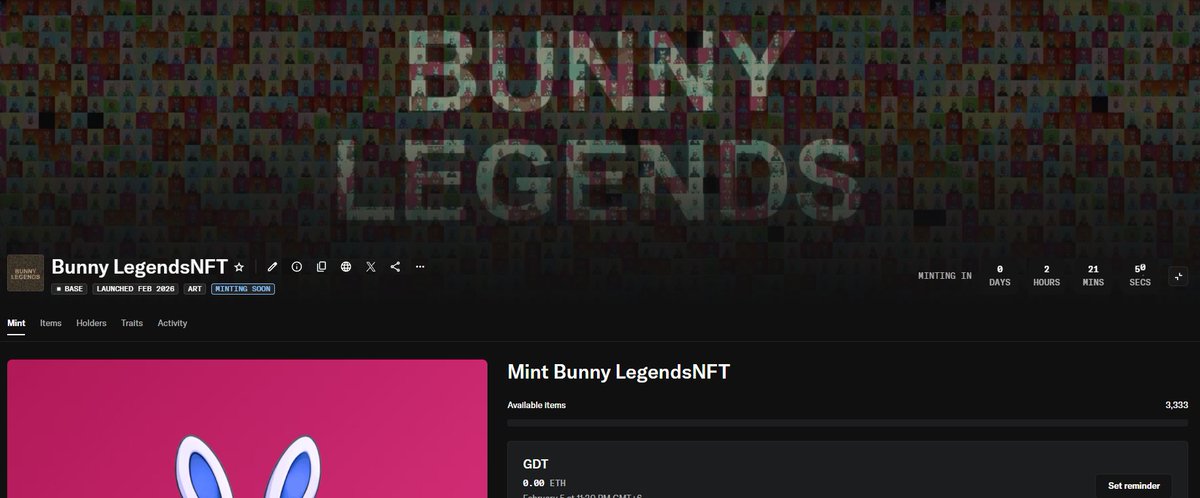 BUNNY LEGENDS MINT DETAILS 🐰

Mint Today 7.30PM UTC  
Launchpad Opensea 
Supply 3333

Mint Phases GTD FreeMint
FCFS WL 0.0000095 (0.02$) <to prevent bot attack>
Public 0.000024 (0.05$) <to prevent bot attack>

Mint Link 🔗opensea.io/collection/bun…

After metadata revealed you can