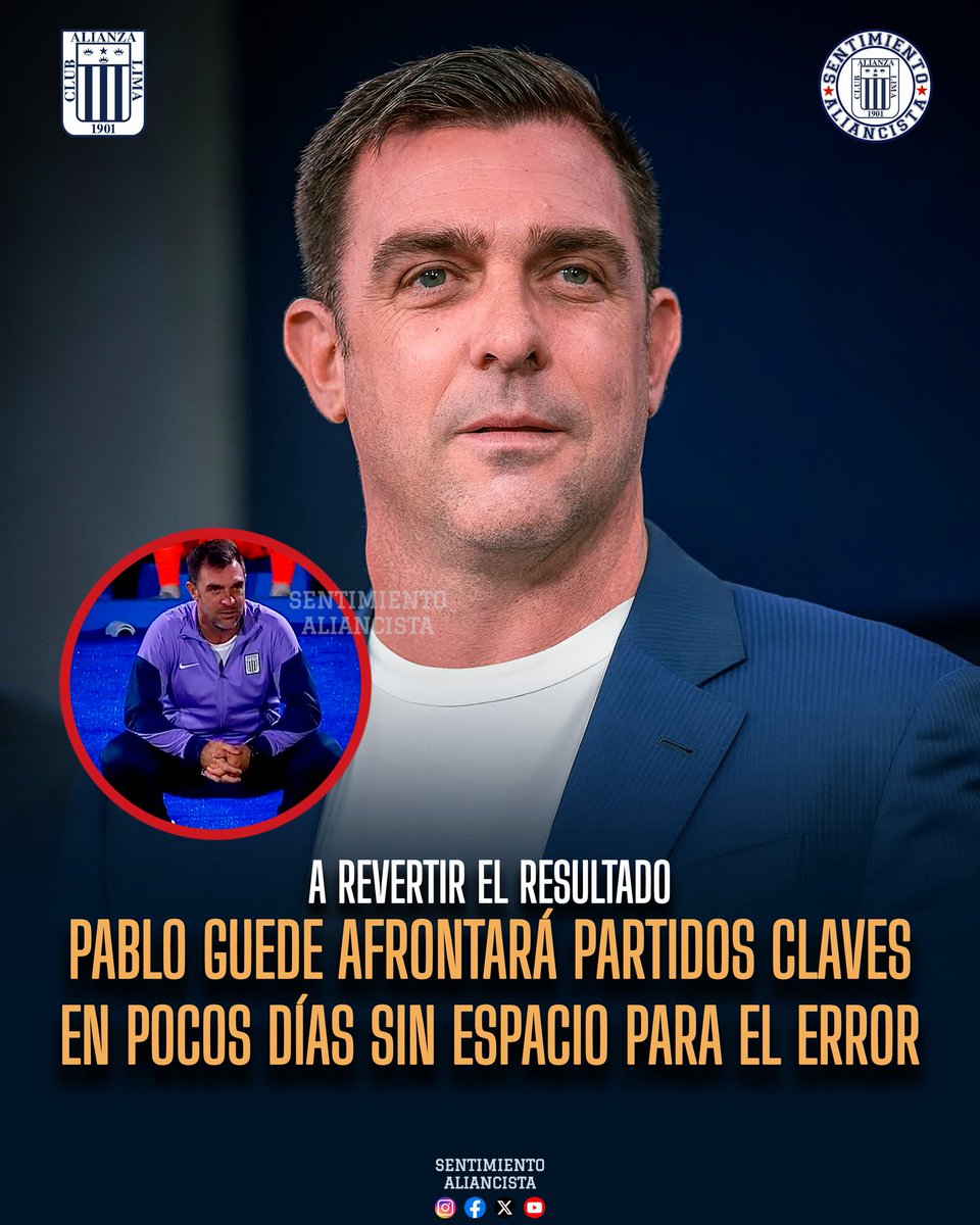 SentiAliancista's tweet photo. Semana decisiva para Alianza Lima y Pablo Guede, sin margen de error. El equipo afrontará partidos claves en pocos días; primero, el duelo ante Comerciantes en Matute por la Liga 1, y luego la obligación de revertir el 1-0 en contra frente a 2 de Mayo por la Copa Libertadores. https://t.co/j077LI2LIx