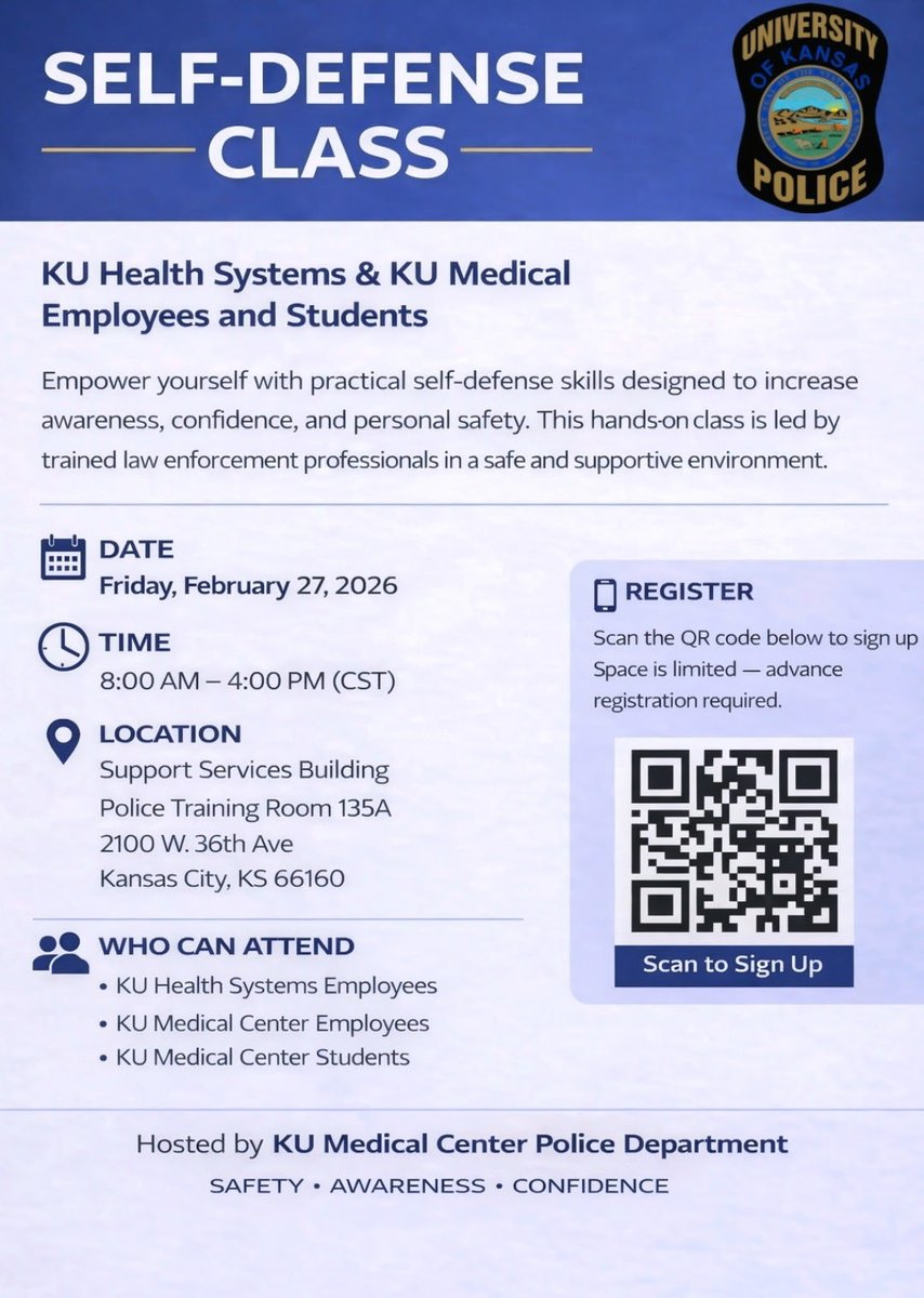 KUMCPD's tweet photo. KUMC-PD is providing a free Self Defense class to all employees and students of the University and Health System. This class is designed for all ages and fitness levels. #kumcpd #selfdefense

Sign up here: https://t.co/JGLOStjz9f https://t.co/oRVVCHSrxC