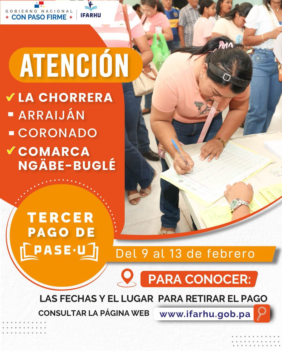 IFARHU's tweet photo. Con un desembolso superior a B/.17 millones 974 mil, el Instituto para la Formación y Aprovechamiento de Recursos Humanos (IFARHU) realizará la entrega del tercer pago del PASE-U a 169,314 estudiantes de la provincia de Panamá Oeste y la comarca Ngäbe Buglé. https://t.co/3en3Tqeesr