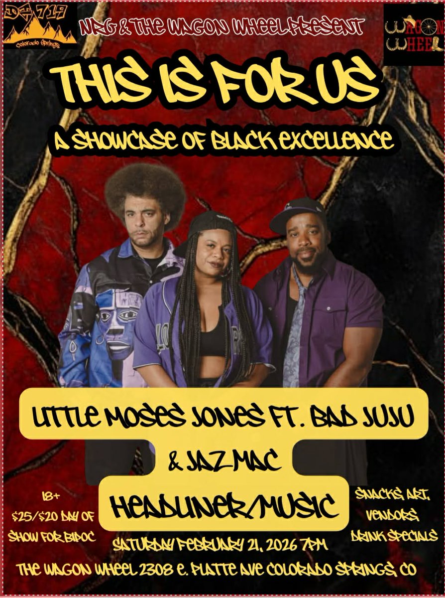 BLACK HISTORY MONTH SHOWCASE 🖤

Feb 21, 7pm
A Soul Experience - Colorado Springs

Sharing the stage with Bad Juju &amp; Jaz Mac for a night celebrating culture, music, and legacy.

This one's special. Don't miss it.

ticketscandy.com/e/a-soul-exper…