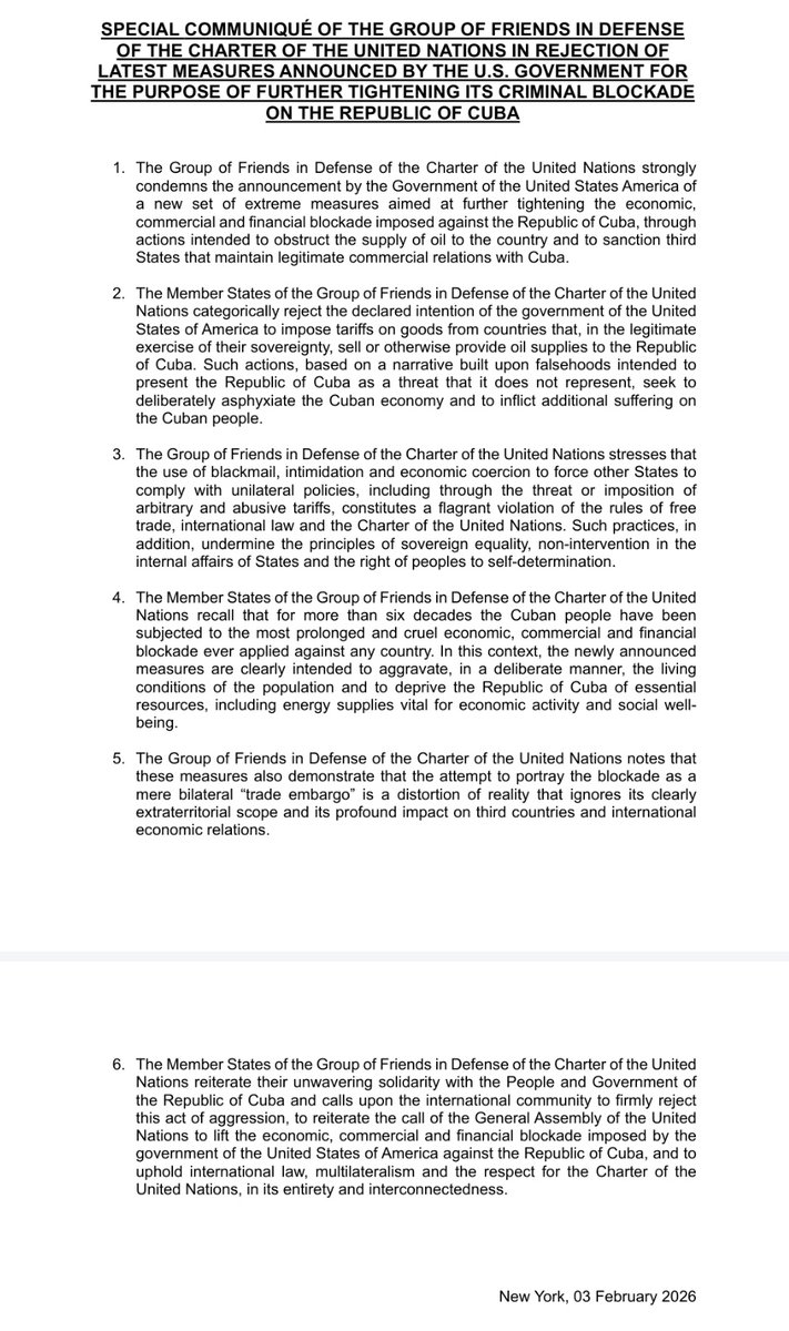 Agradecemos los comunicados emitidos por el Movimiento de Países No Alineados y el Grupo de Amigos en Defensa de la Carta, que rechazan las medidas anunciadas por el gobierno de #EEUU dirigidas a impedir la importación de petróleo por #Cuba.

Apreciamos estas muestras de
