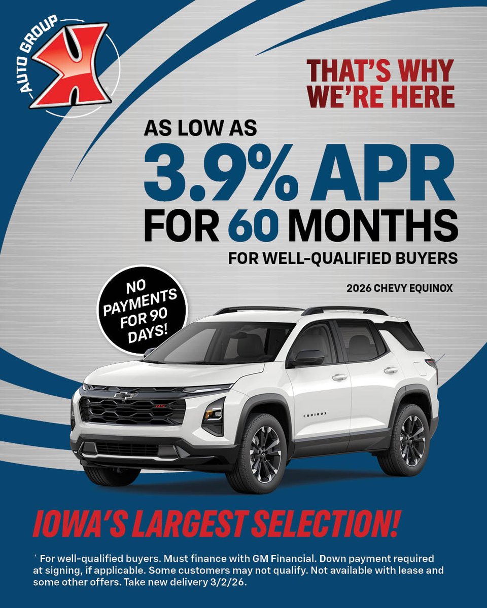 KarlAutoGroup's tweet image. Drive the 2026 Equinox with rates as low as 3.9% for 60 months + no payments for 90 days — that’s peace of mind made easy. That’s Why We’re Here. 
View Equinox inventory at bit.ly/3NSk74Y