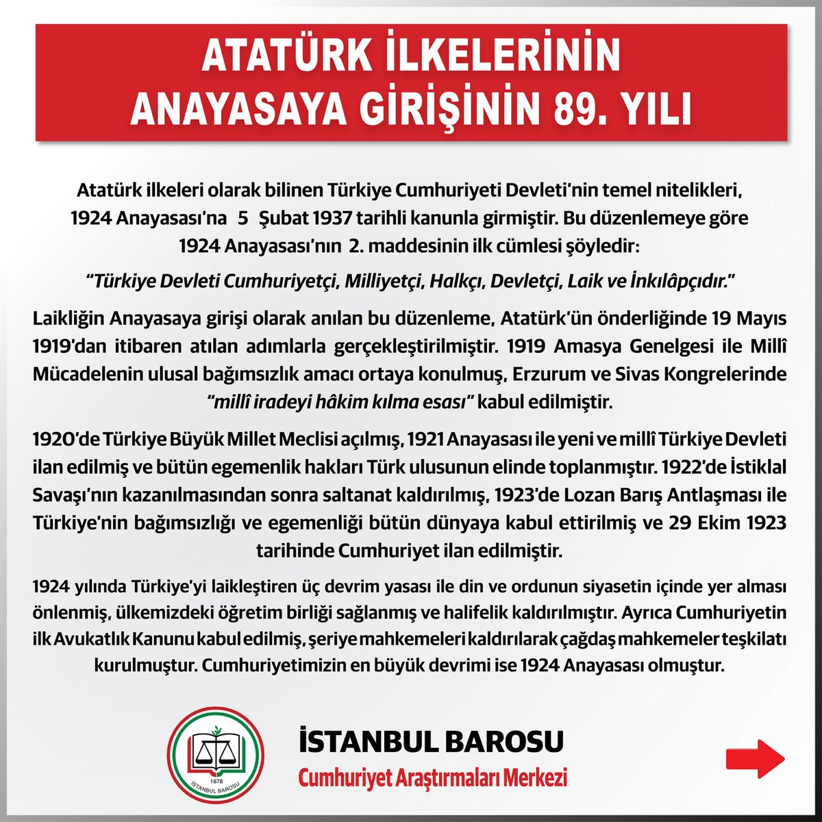 istbarosucumer's tweet photo. Atatürk İlkelerinin Anayasaya Girişinin 89. Yılı https://t.co/U2KWIz7Xwl