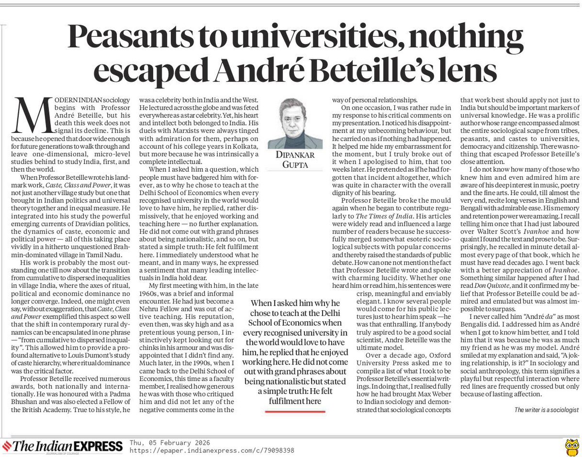 sugataraju's tweet photo. Peasants to universities, nothing escaped Andre Beteille’s lens, writes Dipankar Gupta 
Link: https://t.co/sLjUFqdUX9 https://t.co/9pVTrS9L1z