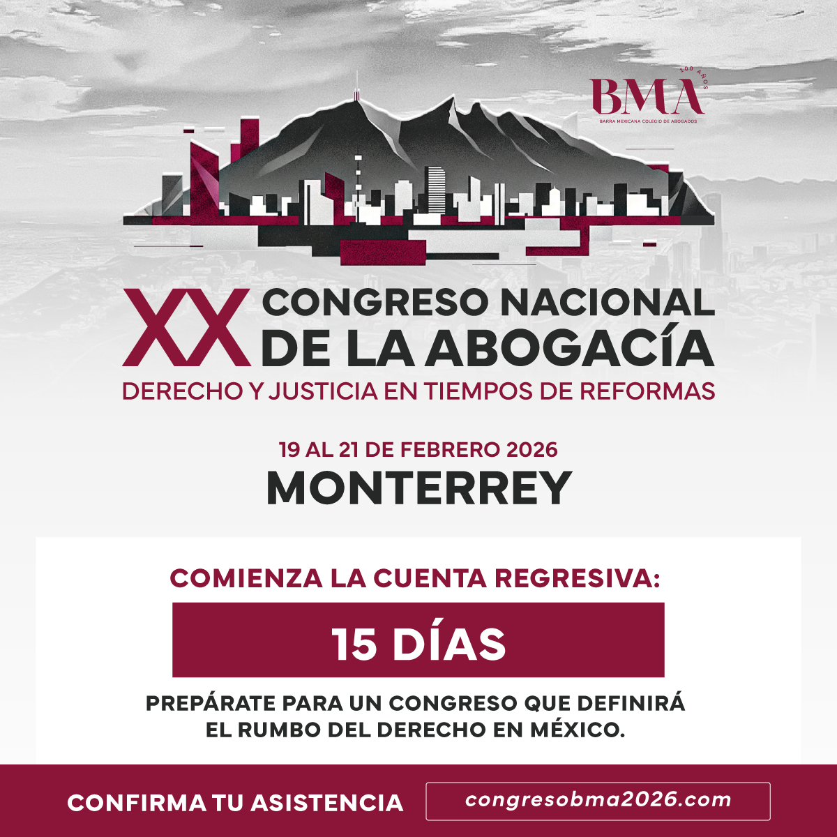 ¡Faltan 15 días!
El XX Congreso Nacional de la Abogacía está cada vez más cerca.
📍 Monterrey
📅 19 al 21 de febrero de 2026
👉 Aún estás a tiempo de registrarte.
🔗 congresobma2026.com
#CongresoBMA2026 #Abogacía #EstadoDeDerecho #BMA #Justicia #LiderazgoJurídico
18h