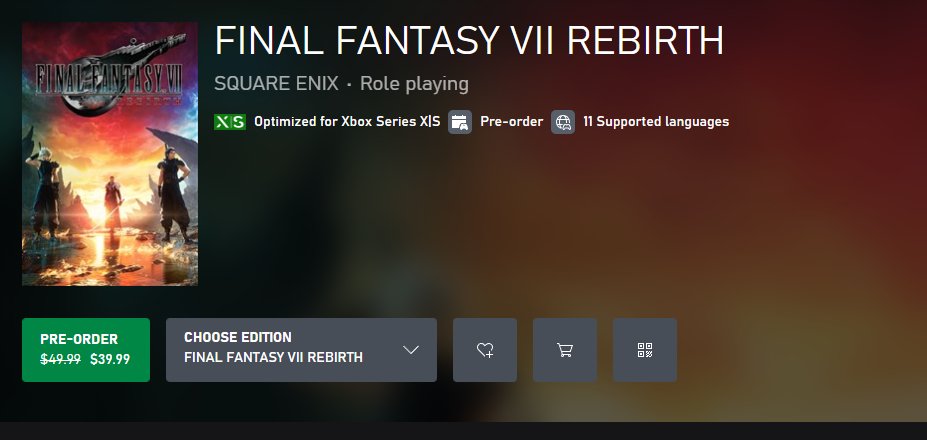 Final Fantasy VII Rebirth preorder is $39.99 on Xbox ($10 discount) xbox.com/en-US/games/st…
