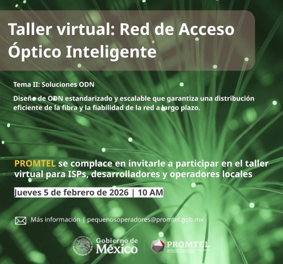 PromtelMx's tweet photo. 📢Taller virtual | Red de Acceso Óptico Inteligente

Conoce la viabilidad y los beneficios de implementar soluciones, promover la popularización y aplicación de las tecnologías de redes ópticas de alta velocidad

📅5 de febrero | ⏰10–11 hrs
🔗Registro: https://t.co/B5TqDDFRnW https://t.co/nUYOmrjYfX