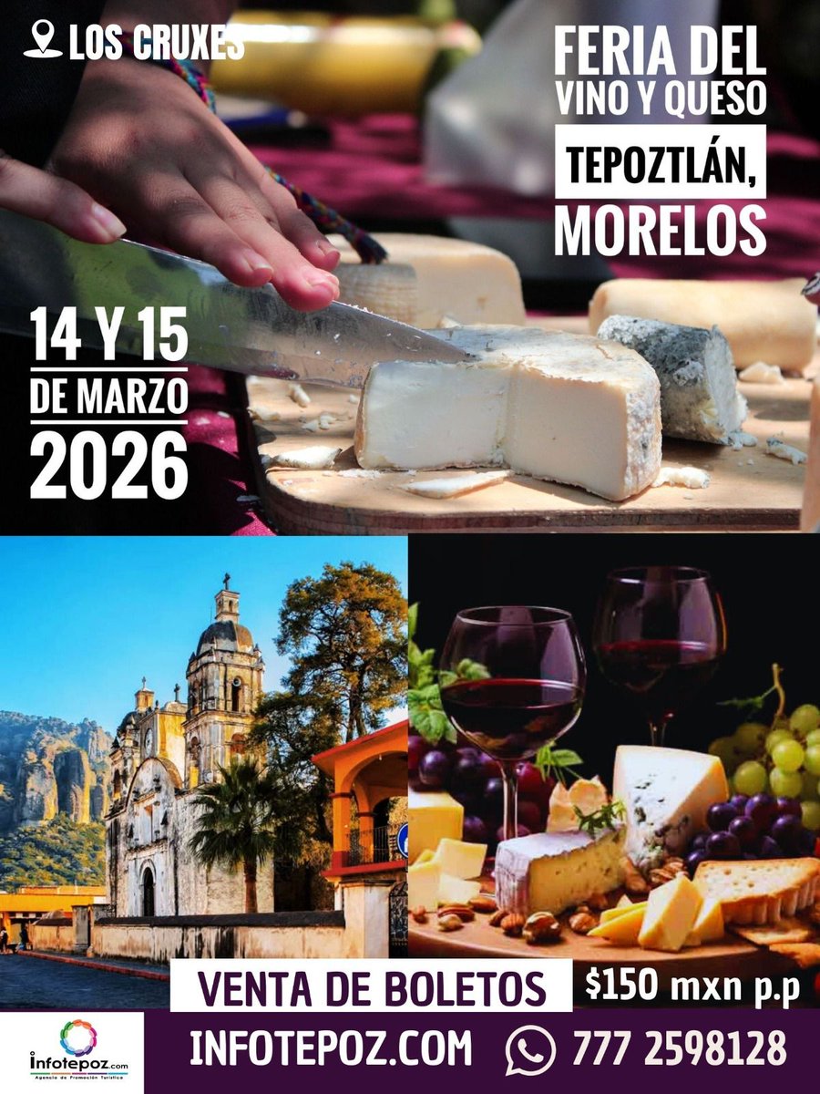 Y pasando el Carnaval.... viene la Feria del Vino y Queso 🧀🍷
14 y 15 de Marzo ¡No te la pierdas!
📍 Tepoztlán
Expositores, degustaciones de quesos y vinos 🇲🇽

Adquiere tus boletos y recibe información al🧀🍷📱777 259 8128