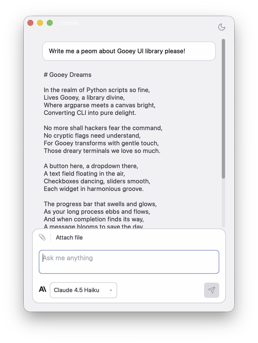 Have a rough AI Chat app working-- built in pure #ziglang with Gooey! 

github.com/duanebester/ch…

It's based on the Rust/GPUI version I wrote previously:

github.com/duanebester/ch…
