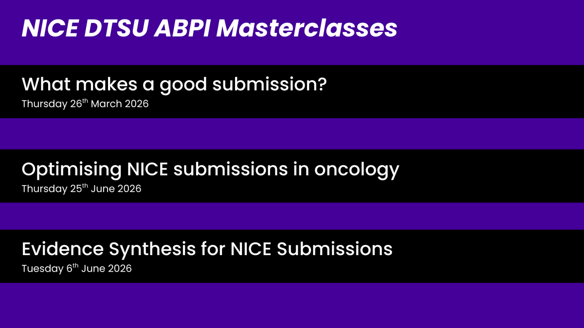 NICE_DSU's tweet photo. The dates for the @NICEComms @NICEDSU @ABPI_UK  masterclasses for 2026 are now confirmed.

Please see the DSU website for further details and links to regsiter (when live).

👉 https://t.co/Jac3CNdpf0 https://t.co/2HzwC9hyX8