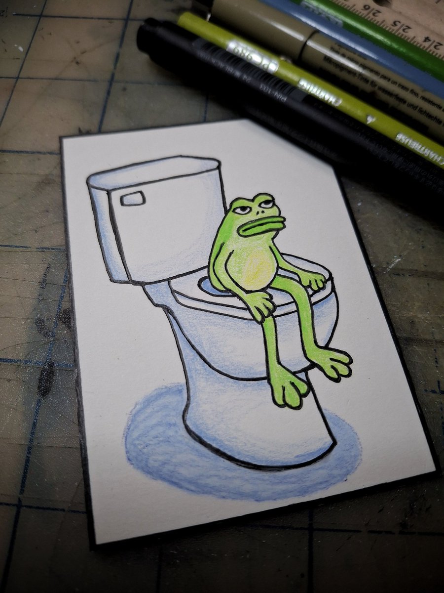 $pepe on the $toilet 1 of 1 Collector Fine Art Card. 
Hand Drawn and Colored
Standard size for modern trading cards as 2.5 inches by 3.5 inches on Bristol Paper. 
<a href="/BagsApp/">BAGS</a> <a href="/finnbags/">FINN</a>

$50 Will accept any crypto on $Sol or  any other chain. DM if interested. Will send address, you