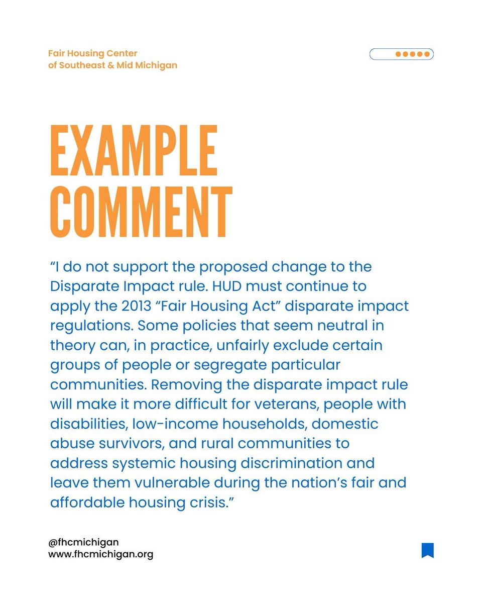‼️Take Action: Join <a href="/fhcmichigan/">FHC SE & Mid MI</a> + WHA in opposing HUD’s proposed change to eliminate the disparate impact rule!
🗣️Spread the word today: Let's all tell HUD why we do NOT support this change
➡️Public comments due 2/13
➡️Submit comment at regulations.gov/document/HUD-2…