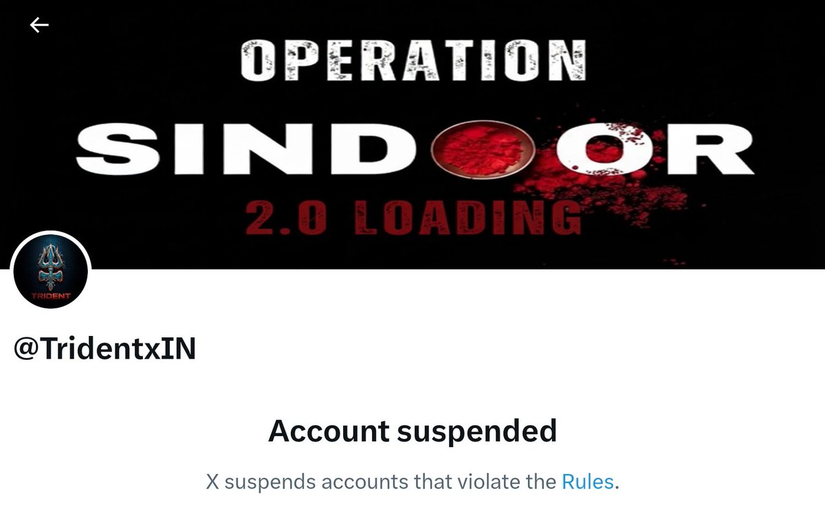 Hello Everyone,

Follow our Friend <a href="/TrishulxIN/">TRISHUL</a> as his last account <a href="/TridentxIN/">TRIDENT</a> with 7k followers got suspended, after mass reporting by the peaceful community.

No worries, he’ll be back, stronger than ever. Keep tagging <a href="/X/">X</a> and <a href="/Support/">Support</a> to get it restored immediately

<a href="/ajaykraina/">Col AJ🇮🇳</a>