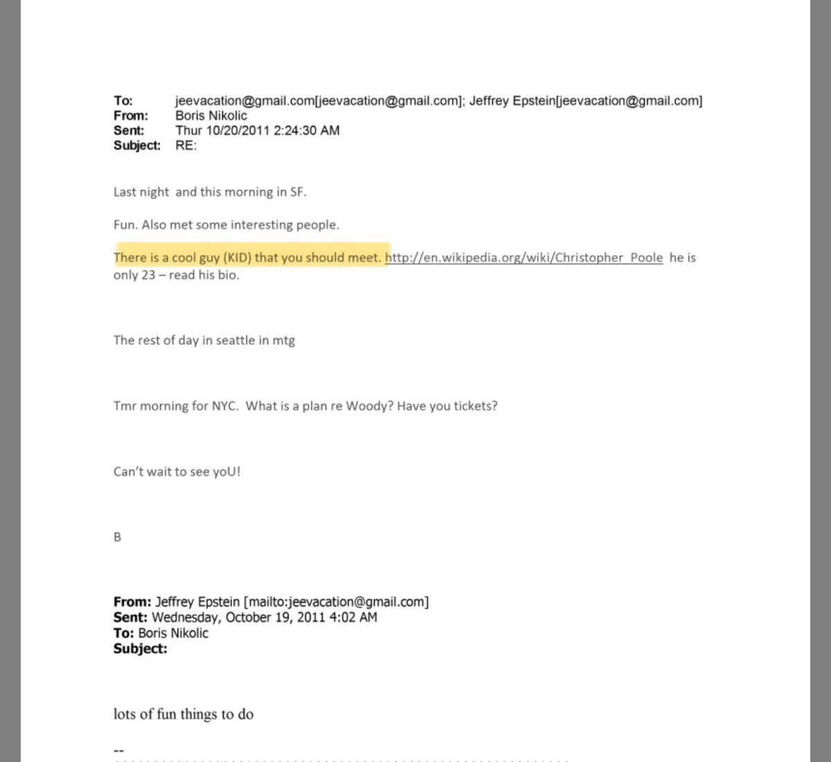 jimstewartson's tweet image. Here is infamous pedophile Jeffrey Epstein being introduced to 4chan creator Chris Poole (Moot) by the former science advisor to Bill Gates.

Moot and Epstein met the next month. Moot created /pol the next day—where “Q” started six years later.

And… scene.