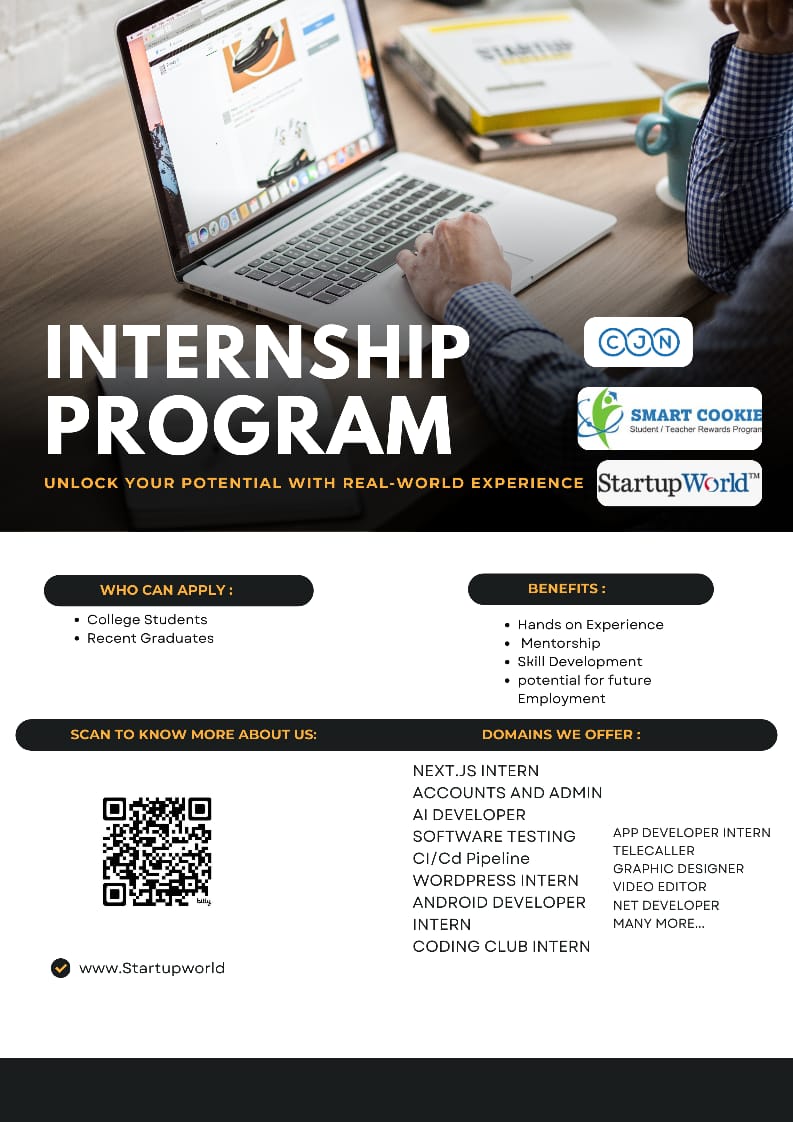 smartcookieinn's tweet photo. Internship Program by Startup World™ in collaboration with SMART COOKIE.
Open for college students &amp; recent graduates.
Hands-on experience, mentorship, and skill development across multiple domains.
Scan the QR to register.
#Internship #Students #CareerGrowth #SkillDevelopment https://t.co/N0a3P2LUDX
