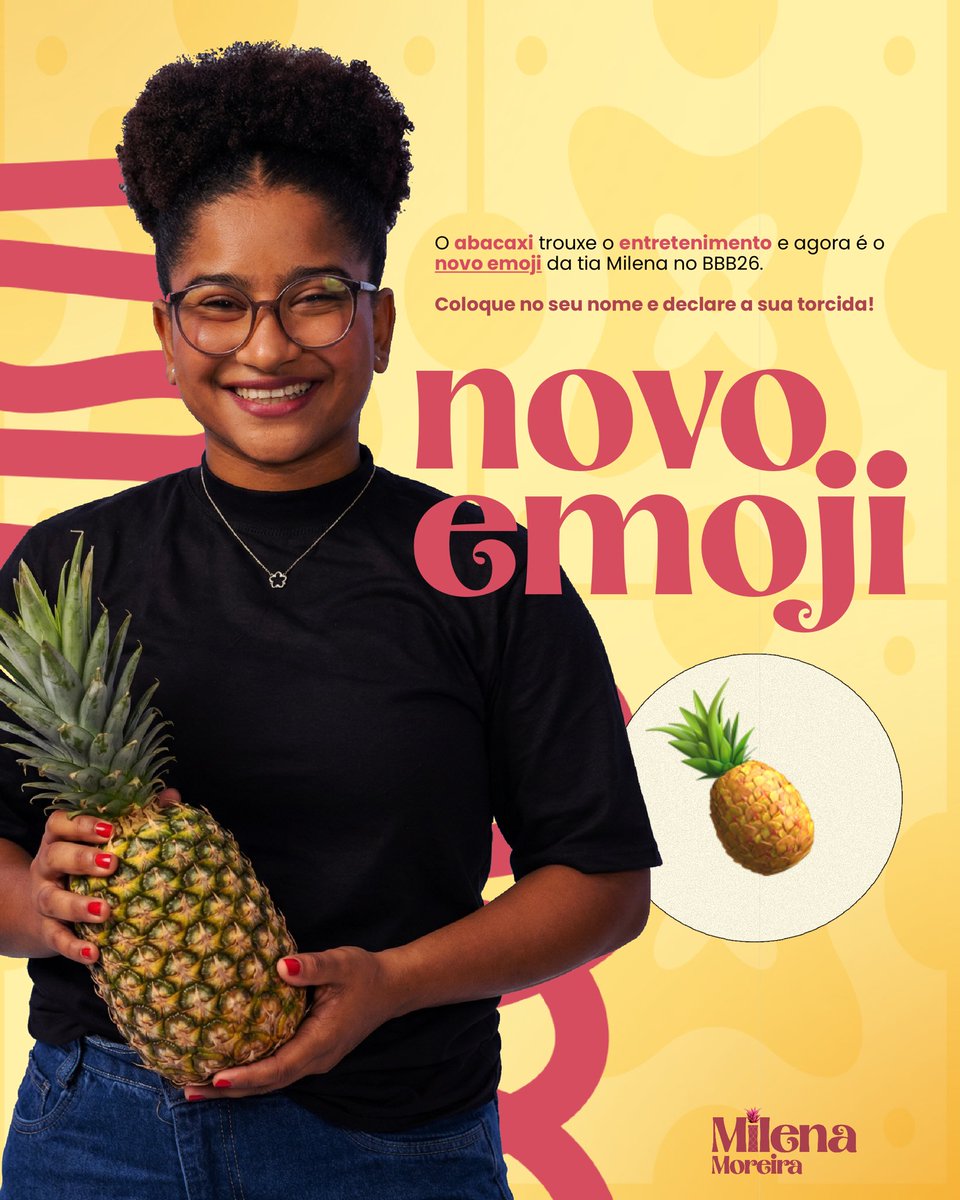 tiamilenabbb's tweet image. NOVA ERA DA AUNT MI! ✨ Nossa diva só precisou de um abacaxi para fazer história: o caos foi instaurado, e o entretenimento foi garantido. Por isso, agora esse é o novo emoji da nossa torcida! Coloquem nos nomes de vocês e sejam #TimeMilena! 💗🍍 #BBB26