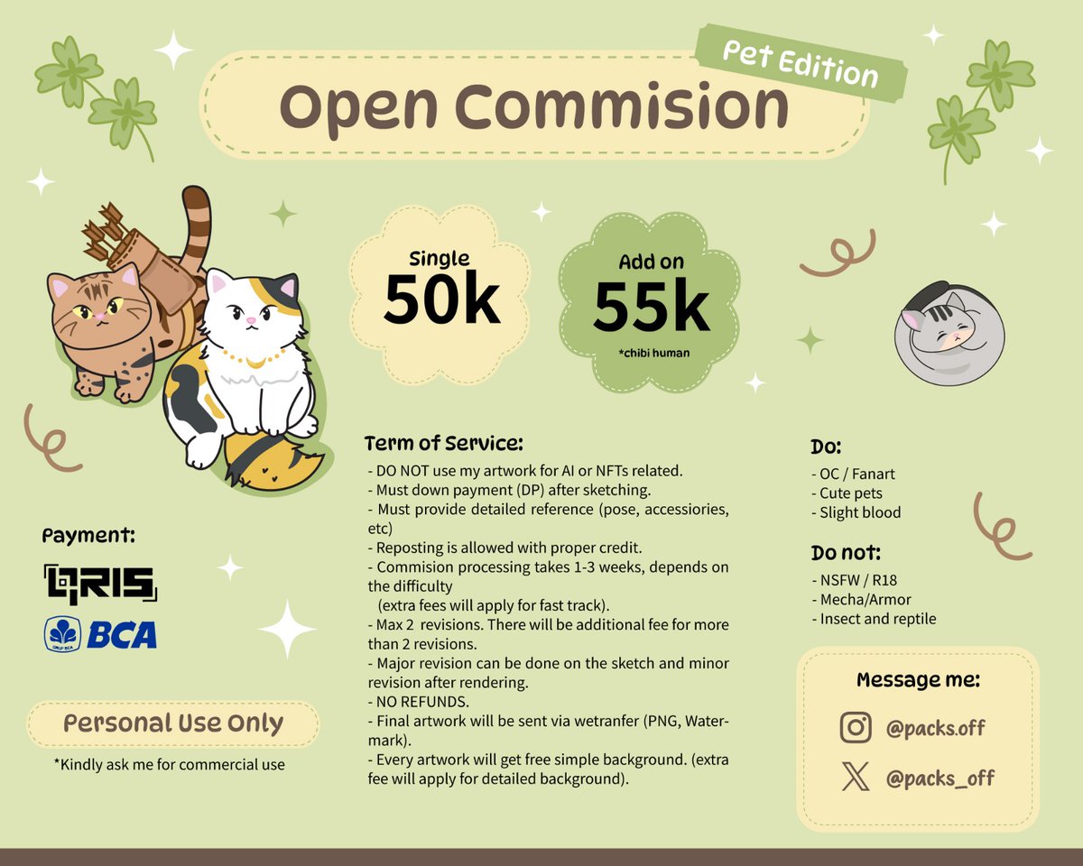 Commision open 😺 👐
 
 For the first time, I'm opening Pet Comms for local. Kindly ask me in DMs (⁠ʘ⁠ᴗ⁠ʘ⁠✿⁠)

RT &amp; ❤️ are very appreciated!! 
#opencommisions #commissionopen #petcommissions