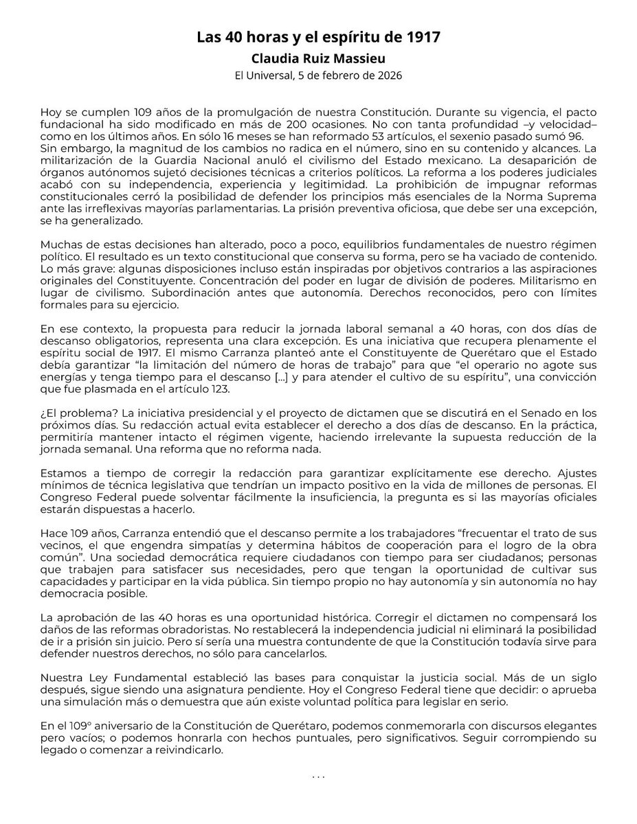 Reducir la jornada laboral a 40 horas representa una oportunidad histórica para reivindicar las aspiraciones sociales de la Revolución Mexicana. En su forma actual, la propuesta que está en el Senado queda muy lejos de lo que las y los mexicanos reclaman y merecen. Les comparto