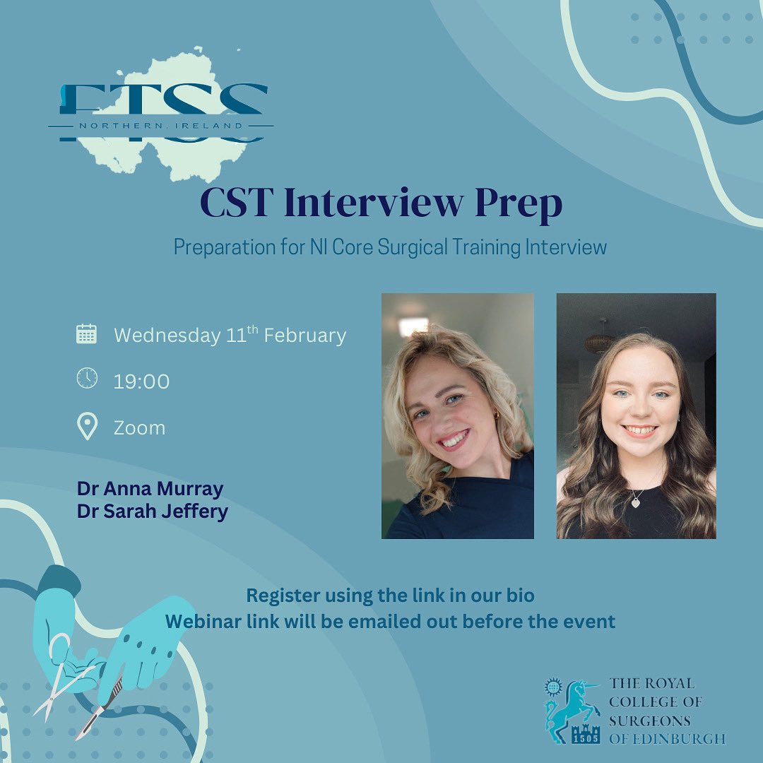 Join us for our first webinar of this year - Dr Anna Murray and Dr Sarah Jeffery will be discussing top tips on acing the Core Surgical interview for NI! Link in bio, webinar details will be sent out before event 🙌🏼