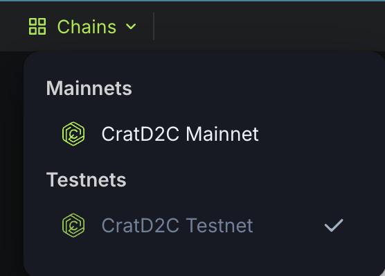 CratD2C DEV UPDATE:

The CratD2C Dev Team has successfully implemented a network switcher on the official TestNet Open Source Explorer, enabling seamless navigation between CratD2C MainNet and CratD2C TestNet for Layer-2 projects. ✨

In addition, the official token standard for
