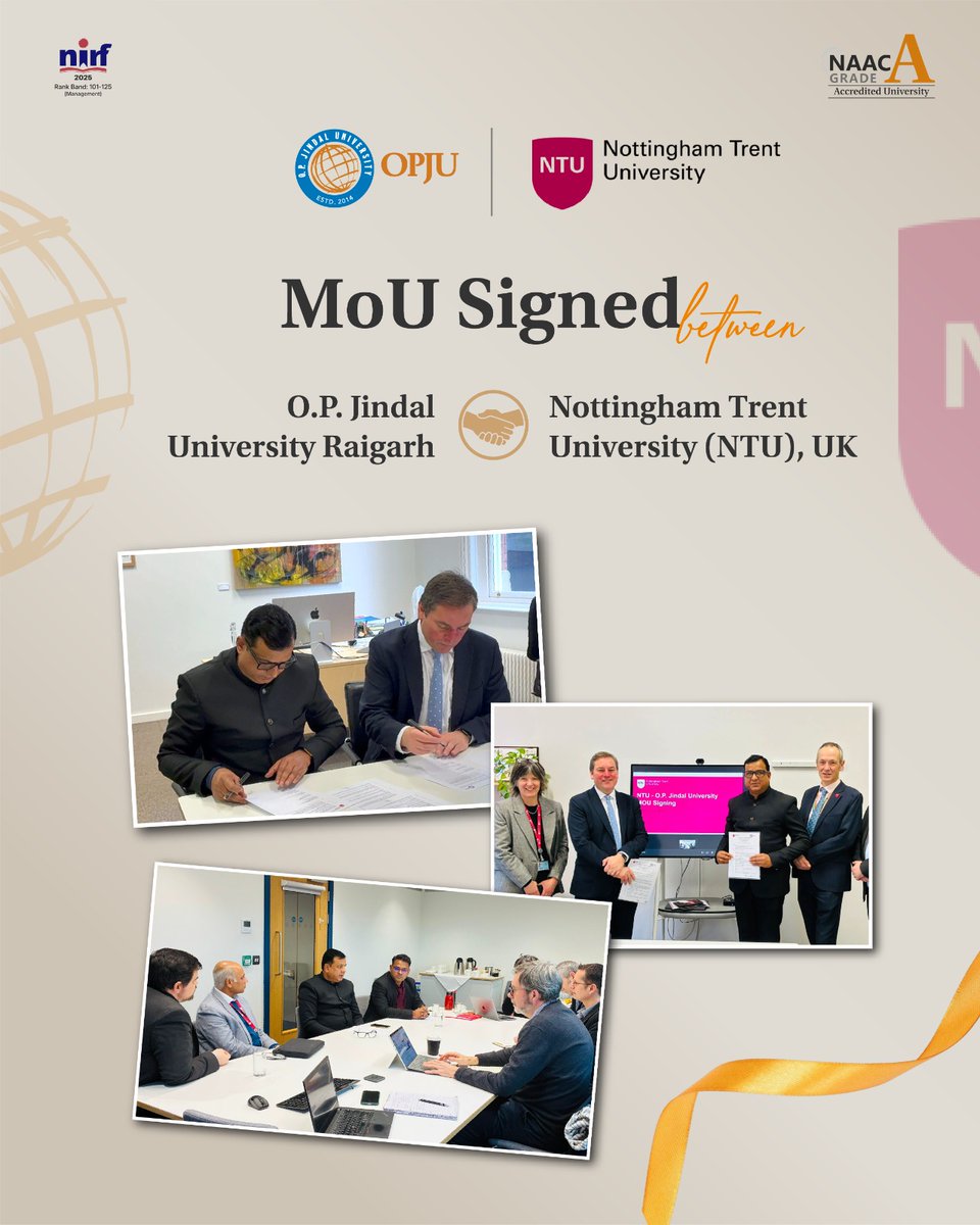 OPJUniversity's tweet image. We're thrilled to announce that O.P. Jindal University (#OPJU) has signed a Memorandum of Understanding (#MoU) with Nottingham Trent University @TrentUni (#NTU), UK! 🌟

This partnership will provide our students and faculty with global exposure, skill-based education, and