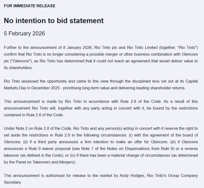 entrustTMF's tweet image. #RIO NO Intention To Bid(Or Merge) For #GLEN Glencore

investegate.co.uk/announcement/r…