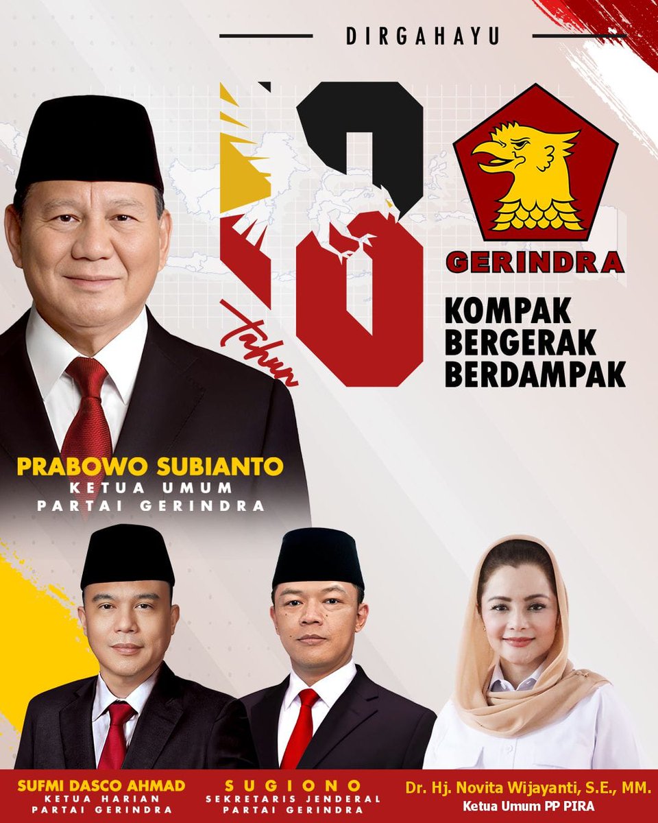 PP_PIRAofficial's tweet photo. Selamat HUT ke-18 Partai Gerindra 

PIRA bangga menjadi bagian dari perjalanan perjuangan Gerindra dalam mengabdi untuk rakyat.

Terus melangkah dengan semangat Kompak, Bergerak, Berdampak demi Indonesia Maju.

#pira #piraluarbiasa #gerindra https://t.co/JNhbsxbRRF