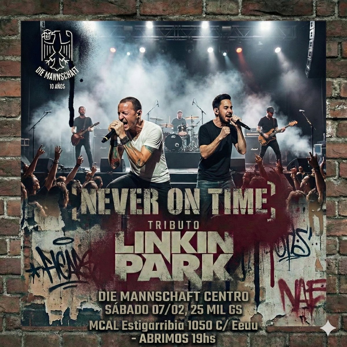 ESTE SABADO 07/02 TRIBUTO a <a href="/linkinpark/">LINKIN PARK</a>py @linkinpark por @neverontimepy en vivo en el CENTRO🤘🏻🔥.
*ABRIMOS 19hs con 2x35mil en @pilsenpy &amp; munichparaguay Lt.
📍Mcal Estigarribia 1050 c/ EEUU.
PROST! 🍻🤘🏻💥🇵🇾🇩🇪