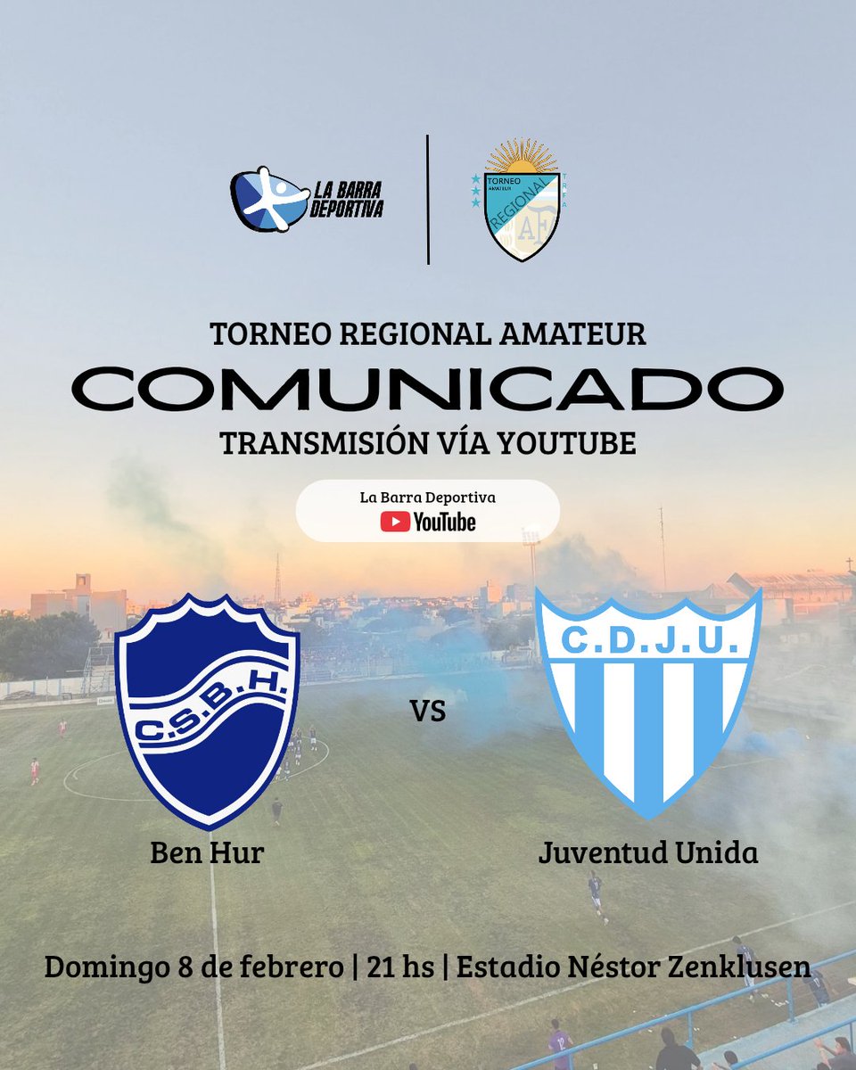 #TorneoRegionalAmateur #TRFA | Lamentamos informar que, a pesar de contar con la autorización del Consejo Federal y tras múltiples gestiones, no será posible realizar la transmisión vía streaming del partido entre Ben Hur y Juventud Unida, correspondiente a la final de vuelta de+