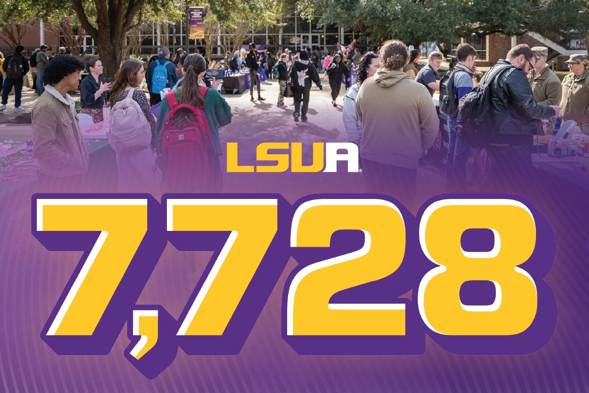 LSUAlexandria's tweet photo. Another record for LSUA. 

Spring 2026 enrollment reached 7,728 students—an 11.9% increase in one year, bucking national spring enrollment trends and marking our third straight year of spring growth.

Affordable. Flexible. Workforce-ready.

Read it at https://t.co/c1TZCLrFow https://t.co/JZE9ZQRNKQ