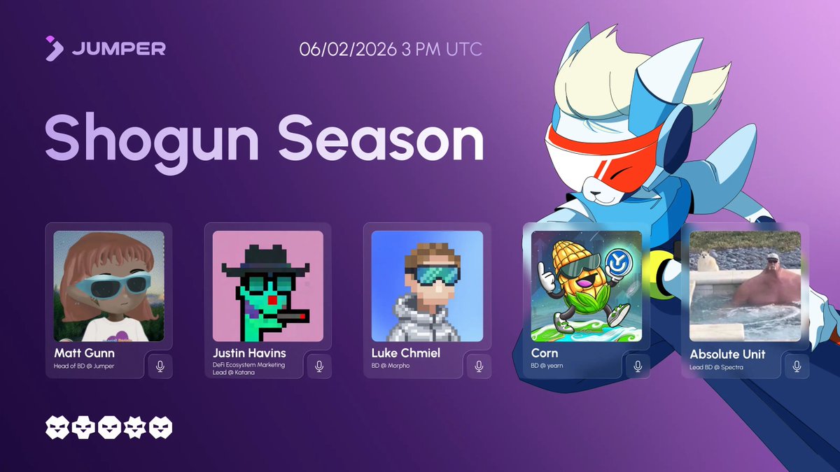 Join us with <a href="/katana/">katana ⚔️</a>, <a href="/yearnfi/">yearn</a>, <a href="/Morpho/">Morpho 🦋</a>, and <a href="/spectra_finance/">Spectra</a> to dive into Katana and the Shogun Season.

📅 6 Feb, 3 PM UTC

🎤 Speakers:
- <a href="/Crypto_Texan/">Crypto Texan | katana ⚔️</a> - Katana
- <a href="/omgcorn/">corn🛸</a> - Yearn
- <a href="/talkintokens/">LUKE CHMIEL⚡️</a> - Morpho
- <a href="/AbsoluteUknit/">Absolute Unit</a> - Spectra Finance

Set a reminder: