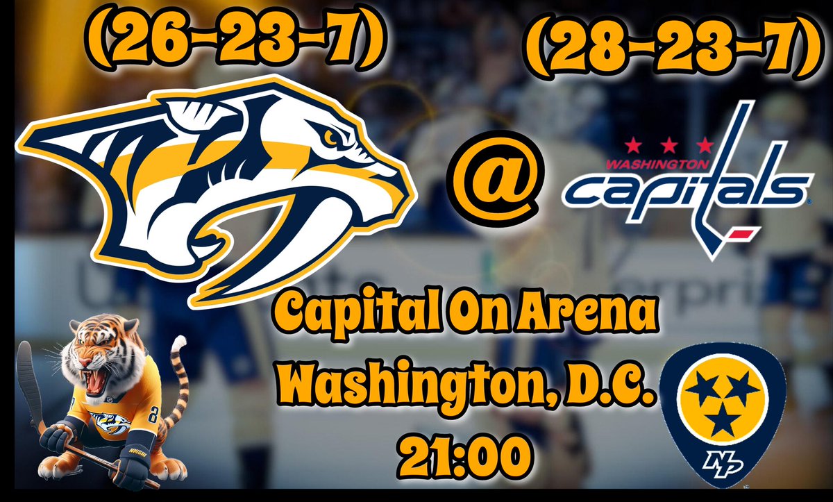 #GameDay <a href="/PredsNHL/">Nashville Predators</a> (26-23-7)

🆚 <a href="/Capitals/">Washington Capitals</a> (28-23-7)
🏟 Capital One Arena, Washington, D.C 
⏰ 21:00 (BRT)
📍Jogo 57 / 82
🇧🇷 <a href="/WCapitalsBrasil/">Capitals Brasil | modo Olímpico 🏒</a>

🏒 O'Reilly (56P) / Forsberg (47P) - NSH
🏒 Wilson (48P) / Ovechkin (47P) - WSH

Preds U10 (4-3-3)
Capitals U10 (4-5-1)

#Smashville