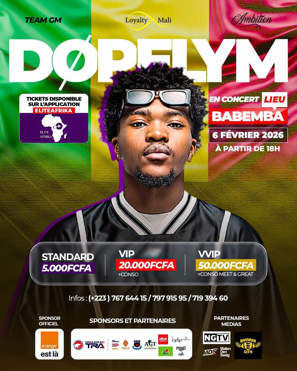 Dopelymofficiel's tweet photo. 🚨 DOPELYM débarque à Bamako!
Rendez-vous ce 6 février 2026 pour un concert exceptionnel de DOPELYM au Babemba à partir de 18h. Tickets disponibles sur l'application Elite Afrika ! Ne ratez pas l'événement. DOPELYM à Bamako, ça s'annonce historique.
#bamadacity https://t.co/6vxfoo5yYD