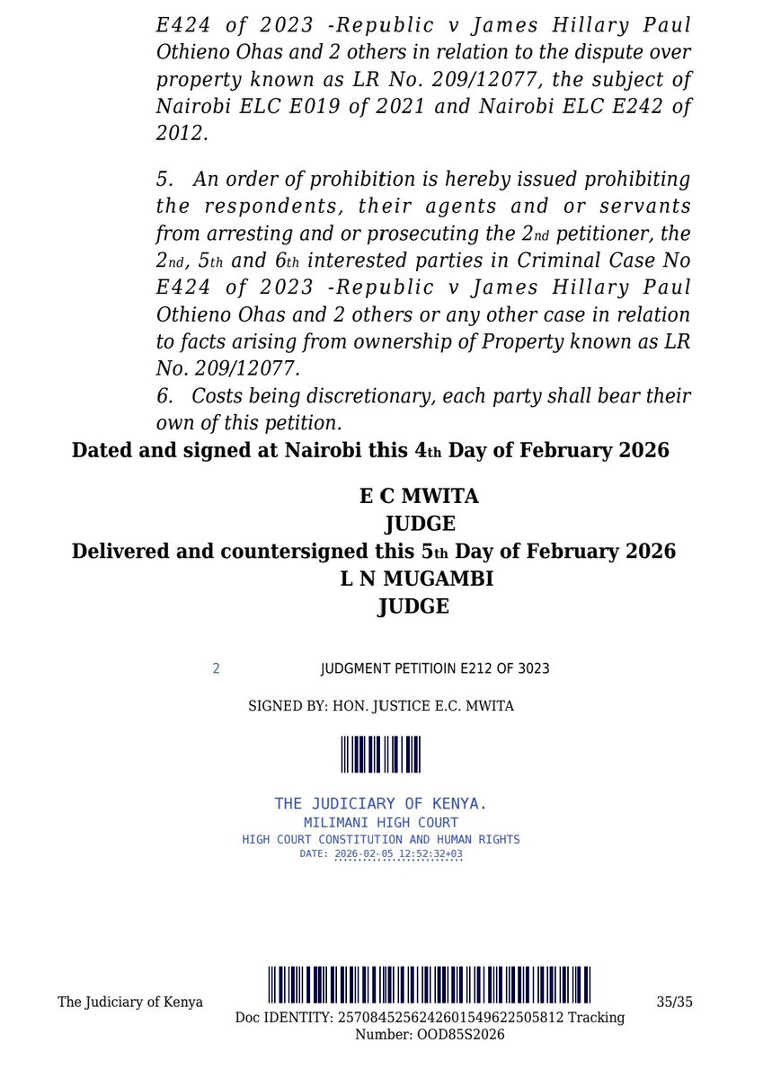 In one of his last Judgements as a Judge of the High Court, Justice Chacha Mwita has affirmed the right of Advocates to represent their clients without the fear of persecution. 

Petition E212 of 2023 was filed by the <a href="/LawSocietyofKe/">Law Society of Kenya</a> following the unlawful arrest of Mr. Moses