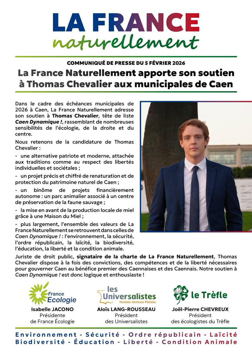 🇫🇷 Municipales2026 #Caen

🍀 La France Naturellement apporte son soutien à Thomas Chevalier et la liste Caen Dynmaique pour les prochaines élections municipales des 15 et 22 mars prochain.

🌳 Retrouvez notre communiqué ⬇️