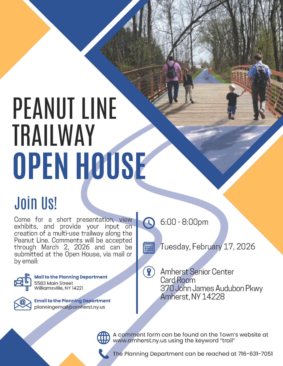 The Town of Amherst will be holding a Peanut Line Trailway Public Open House on Tuesday, February 17, 2026 at 6:00 pm.
Amherst Senior Center
370 John James Audubon Pkwy
Amherst, NY 14228
amherst.ny.us/content/projec…