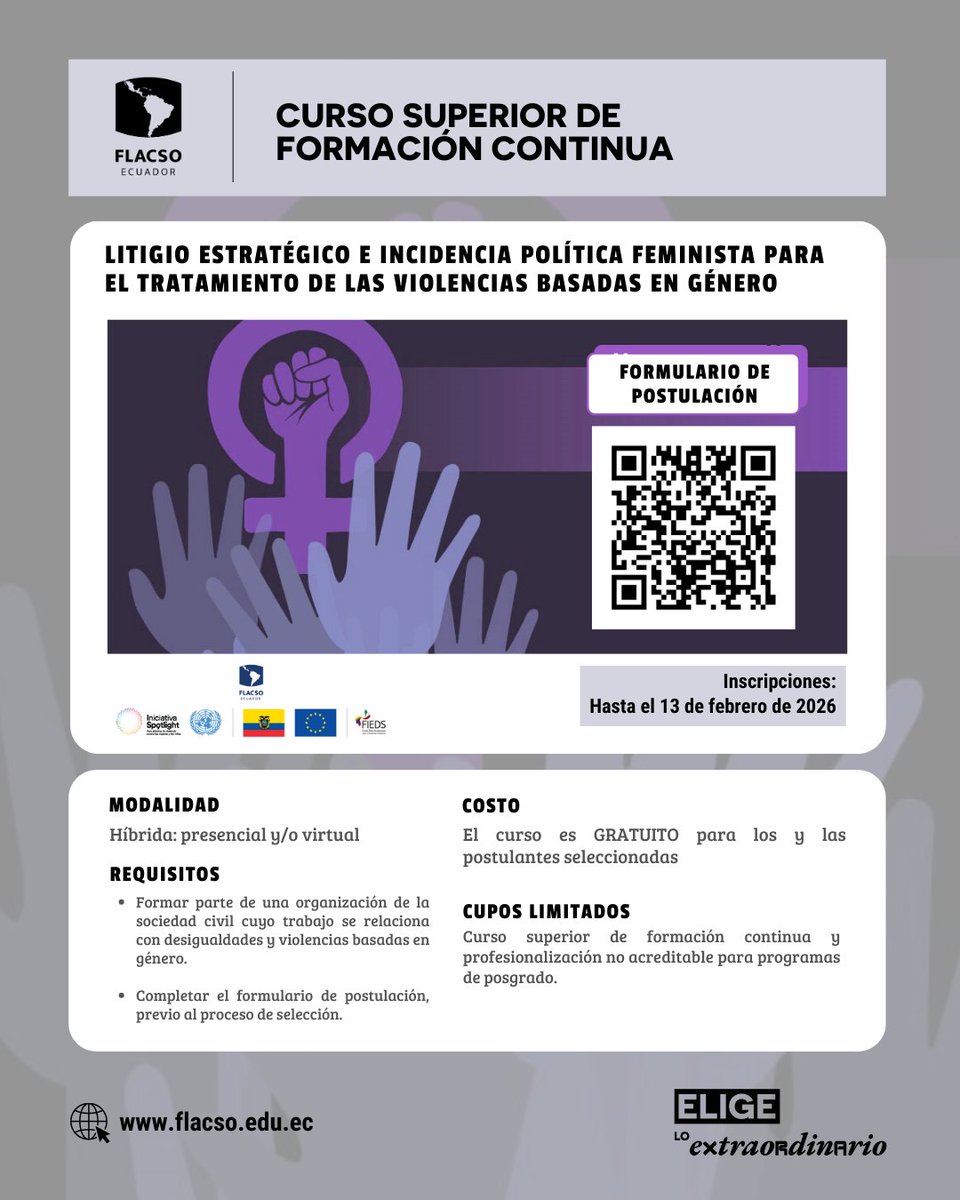 FLACSOec's tweet photo. ¿Formas parte de una organización de la sociedad civil y trabajas en la defensa de los derechos de mujeres, niñas y adolescentes? Postula a este curso superior gratuito sobre litigio estratégico e incidencia política feminista, orientado a fortalecer capacidades jurídicas y políticas frente a las violencias basadas en género.

🌐 Más información: https://t.co/a974MlKnmp
✅ Formulario de postulación: https://t.co/L71jUCbC4l