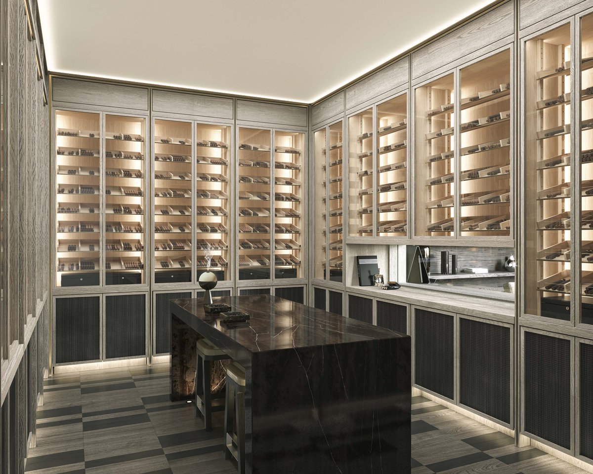 kellyhoppen's tweet image. This cigar room was designed to feel intimate and contained with the best filtration. A marble table anchors the room, and the framed “window” into the next sitting room keeps a connection without giving up privacy. #cigarroom #bespoke #luxury
