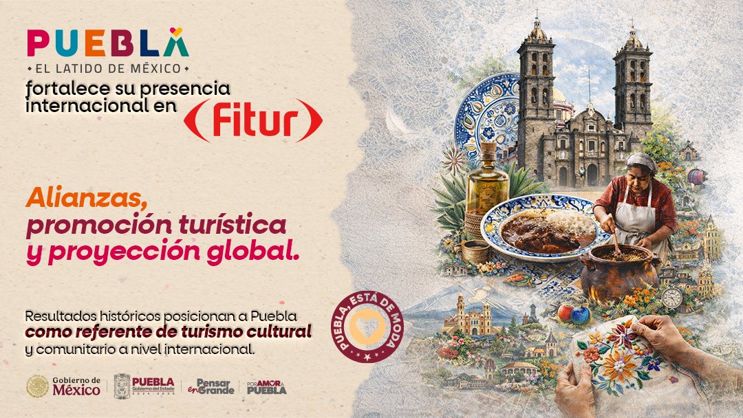 JLG_PARRA's tweet photo. Puebla fortalece su presencia internacional en #FITUR2026. 🌍

Con alianzas estratégicas, promoción turística y proyección global, mostramos al mundo la riqueza cultural, gastronómica y comunitaria de nuestro estado. 

Así se proyecta Puebla al mundo con la visión del gobernador @armentapuebla_. 🙌🏼

#ElLatidoDeMéxico
#PensarEnGrande