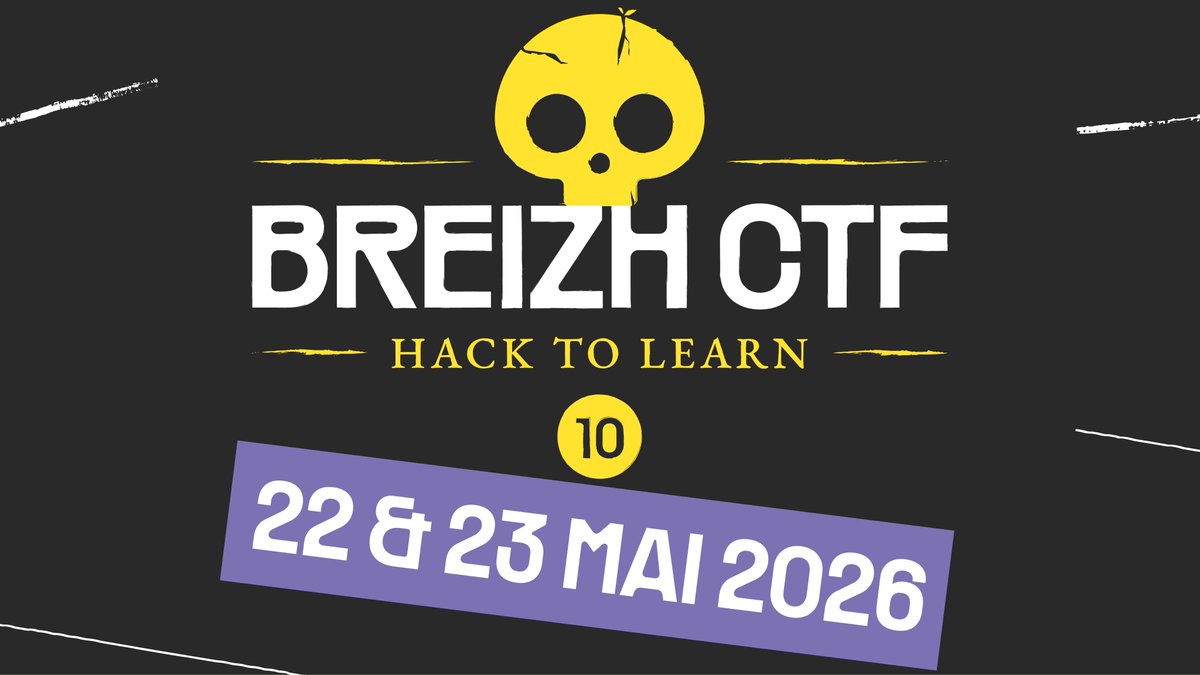 🗓️ 22 et 23 mai 2026

Ce sont les dates de la 10e édition du BreizhCTF !

22/05 : Hack&amp;Teens
23/08 : CTF dès 9h !

Et pour en savoir plus, ça se passe sur le site de votre CTF préféré qui s'est refait une beauté : breizhctf.com

Ici on a très hâte d'y être. Et vous ?