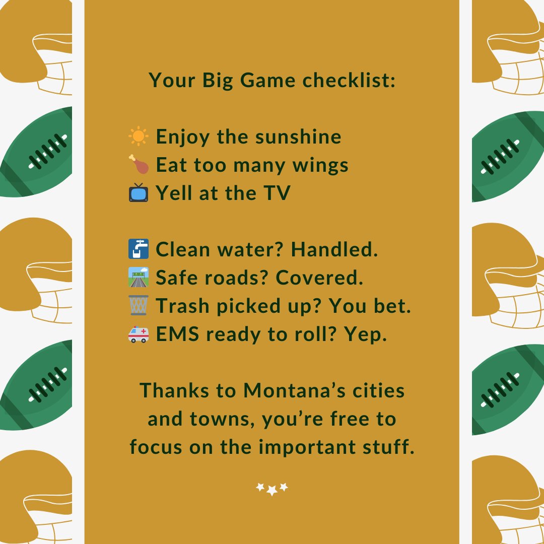 The only thing that should be overflowing this Big Game weekend is the chip bowl. 📷 Montana’s cities and towns are on the job making sure water, sewer, roads, trash, and EMS systems are doing exactly what they’re supposed to do. #MTlocal #supportlocal #LocalGovernment #montana