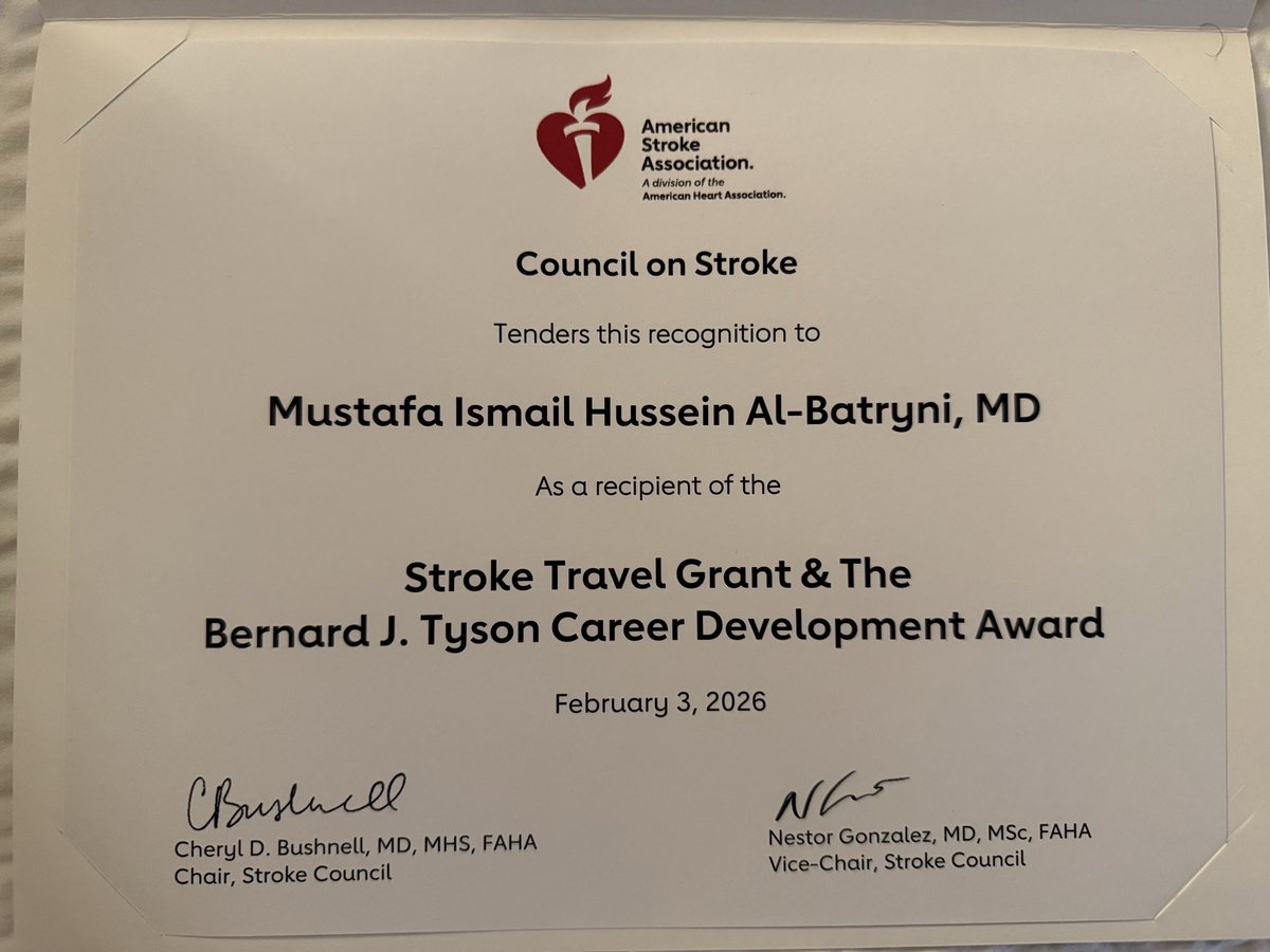 I am honored to receive the Bernard J. Tyson award for the work presented in #ISC26 from <a href="/American_Heart/">American Heart Association</a>  and <a href="/StrokeAHA_ASA/">Stroke AHA/ASA</a>.
This is big milestone to me as early in my career. This award opens many doors to be mentored by leading people in the field. 

A big thank you to my