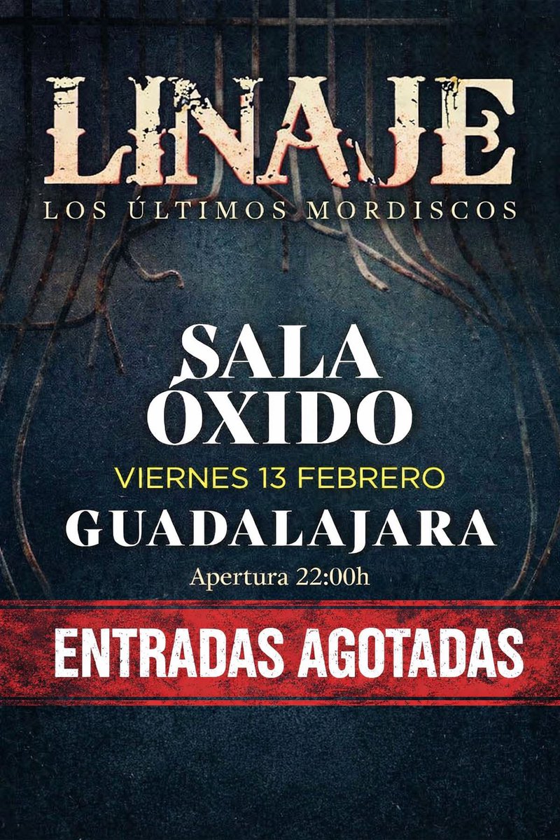 Se nos pasó contaros que hace días que las entradas para el concierto de Linaje están totalmente agotadas. Ya no habrá venta en taquilla. 
Una noche de rock junto a Rienda Suelta y los alcarreños ROTO
Gracias una vez más!!
