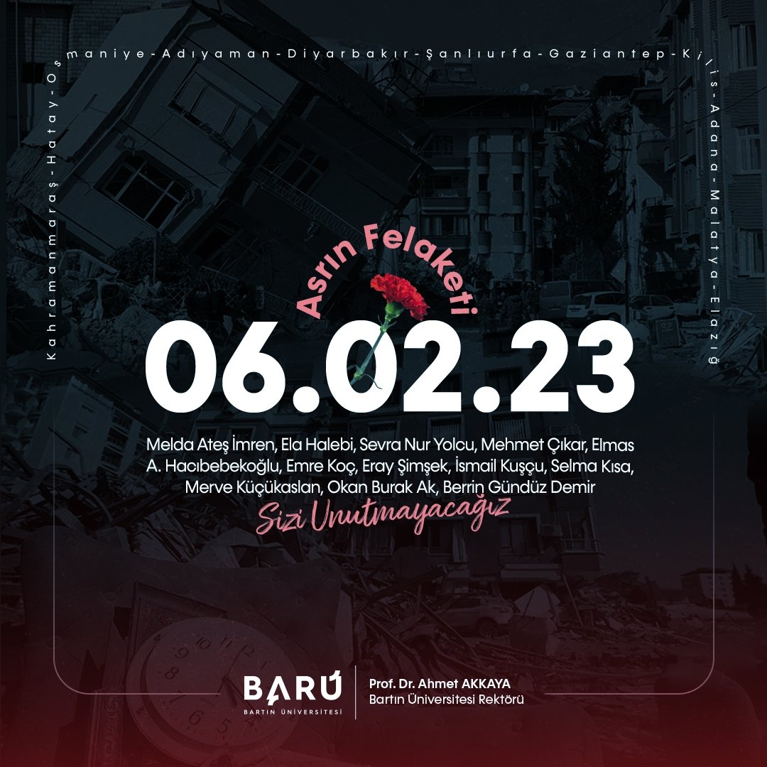 6 Şubat’ın acısı ilk günkü kadar taze…

Asrın felaketinin açtığı yaralar büyük; ancak birlikteliğimiz ve dayanışmamız da bir o kadar güçlü.

Bartın Üniversitesi olarak,

6 Şubat 2023 depremlerinde hayatını kaybeden vatandaşlarımızı rahmetle anıyoruz.

#BARÜ #6Şubat