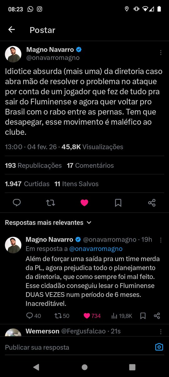 Fergusfalcao's tweet photo. @Victorg_Lessa @onavarromagno sensato e realista, um resumo básico do que é essa diretoria e essa situação do Árias. 
Largar uma oportunidade de mercado por uma humilhação desnecessária (outra, né) por um jogador que NUNCA quis voltar para o clube e sempre fez de tudo pra SAIR. https://t.co/PMDcIEZTdg
