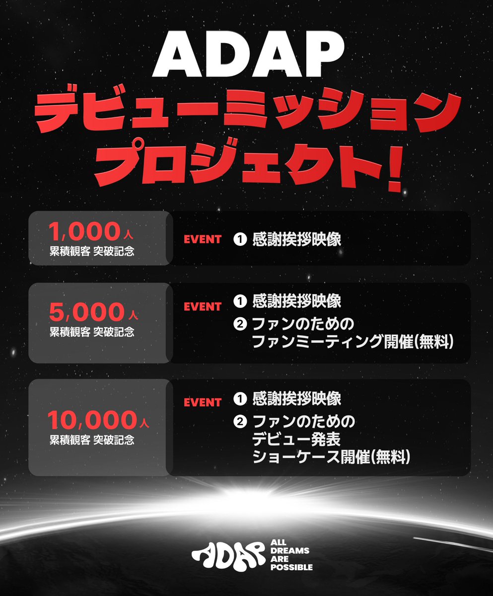 FCLIVE_official's tweet photo. [📢]
#ADAP デビューミッションプロジェクト
途中経過発表🔥

📝2/5(木)現在 累積観客数：2,057人

現在東京でライブイベント開催中🎤
初めての方は入場無料✨️
🔗 https://t.co/zB6JczvBLt

デビューまでの歩みを
ぜひ一緒に見届けてください💫

#에이댑 #エイダップ
@ADAP_offcl
@ADAP_JP https://t.co/t9eK392k3W