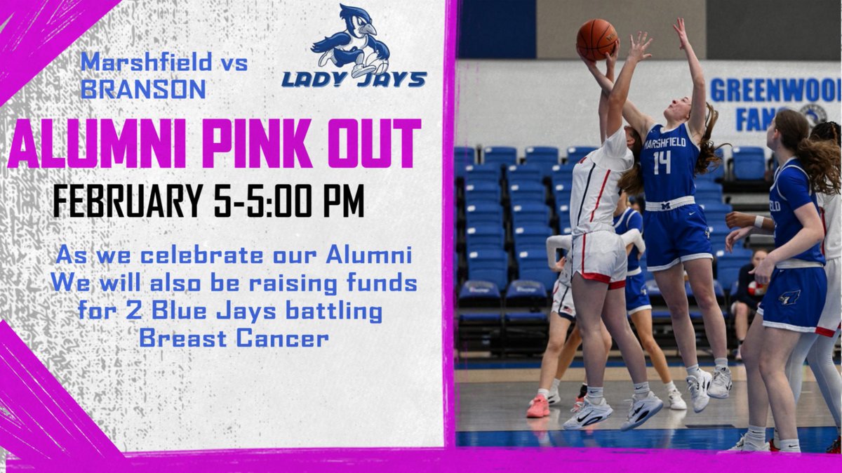 MarshfieldActi1's tweet photo. The Lady Jays host Branson tonight on ALUMNI PINK OUT night! Drop a donation in and grab a Pink Out shirt to support our own Blue Jays, Annie Spriggs and Arlena French. Alumni will be honored immediately following the JV game. There will be a reception following the game. https://t.co/tSkfBjWvCz