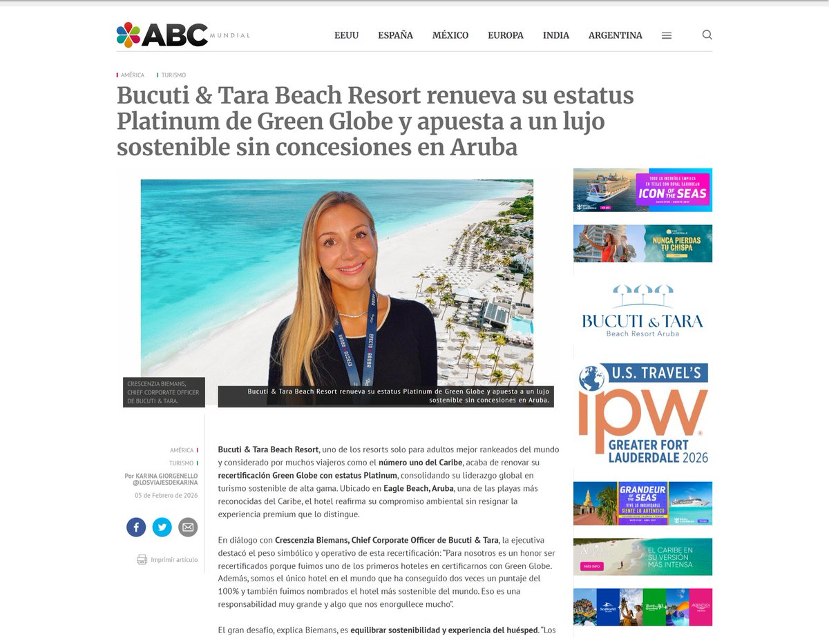 ABCMundial's tweet image. Bucuti &amp;amp; Tara Beach Resort renueva su estatus Platinum de Green Globe y apuesta a un lujo sostenible sin concesiones en Aruba
por @GiorgenelloKari 
Hablamos con Crescenzia Biemans, Chief Corporate Officer de @Bucuti  
#Bucuti #Aruba 
abcmundial.com/2026/02/05/ame…